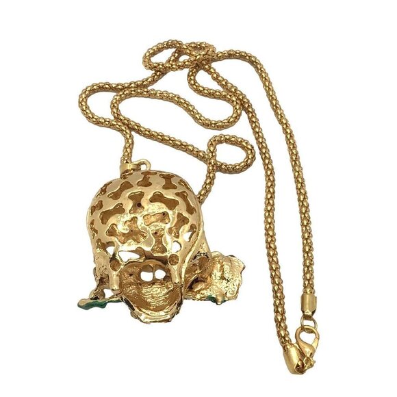 Rhinestone Skull Pendant Long Chain Necklace Purple Rose Fun - Picture 4 of 4